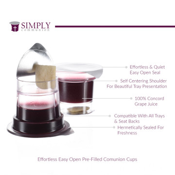Simply Communion prefilled communion cups with Concord grape juice and bread showing dual-seal design and product details
