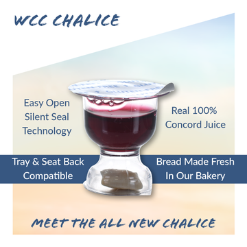 WCC Chalice gluten-free communion cups promotional image with juice and bread elements displayed