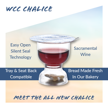 WCC Chalice Communion product feature graphic highlighting gluten-free bread and wine design