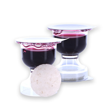 WCC Chalice Communion prefilled communion cups with Concord grape juice and wafer displayed together