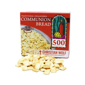 Christian Wolf 500 count unleavened communion bread box with bread pieces displayed in front