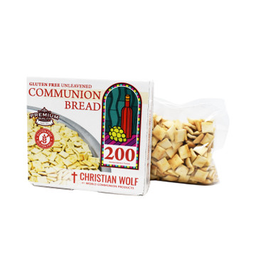 Side view of Christian Wolf gluten-free communion bread package with product labeling visible