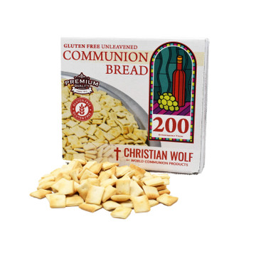 Christian Wolf 200 count gluten-free unleavened communion bread box with bread pieces displayed in front