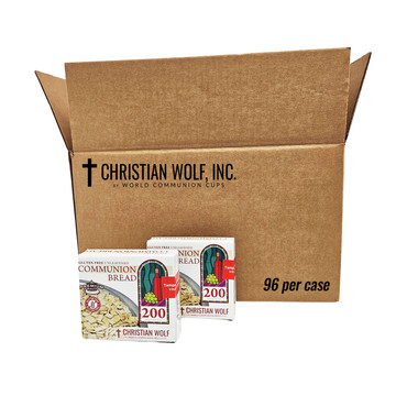 Large shipping carton labeled Christian Wolf gluten-free communion bread case of 24 with product boxes displayed