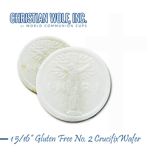 Close-up of round gluten-free crucifix communion wafer showing embossed cross design