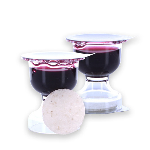 WCC Chalice Communion prefilled communion cups with Concord grape juice and wafer displayed together