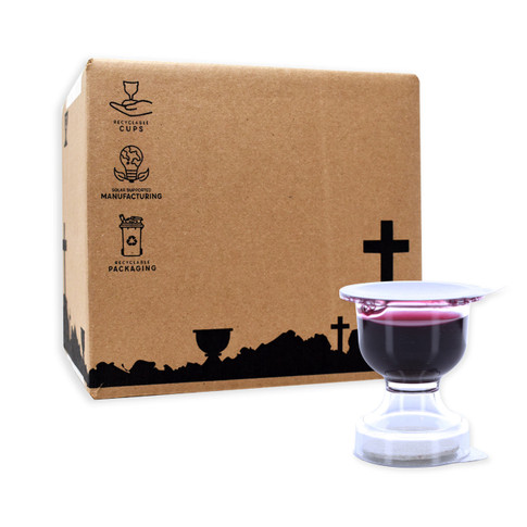 Brown 75 count shipping box of WCC Chalice Communion cups with single cup shown in front