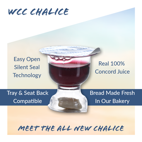WCC Chalice Communion product graphic highlighting gluten-free bread and grape juice dual-seal design