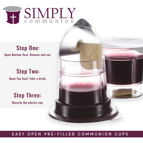 Simply Communion product feature graphic highlighting bread and grape juice compartments