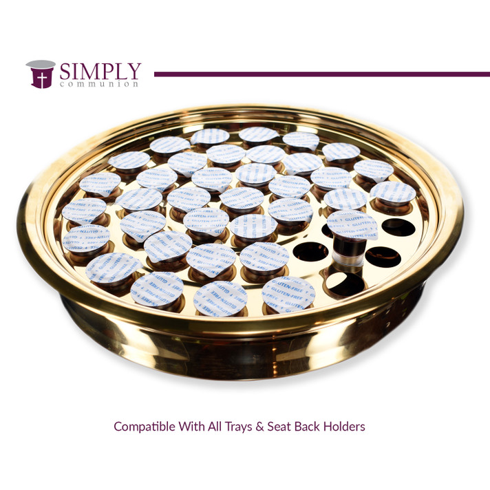 Gold communion tray filled with sealed gluten-free prefilled communion cups