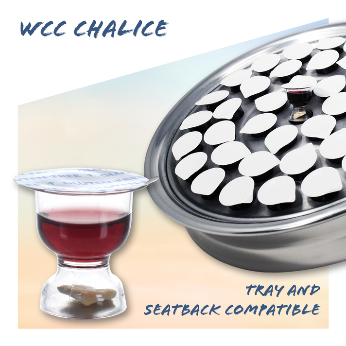 Silver communion tray filled with sealed WCC Chalice sacramental wine gluten-free communion cups