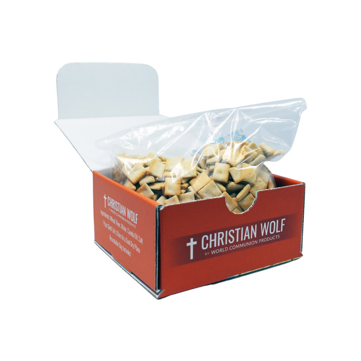 Open display box of Christian Wolf unleavened bread pieces inside retail carton