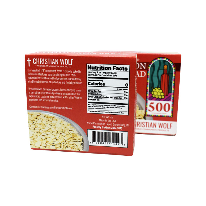 Back of Christian Wolf communion bread box showing product details and nutritional information