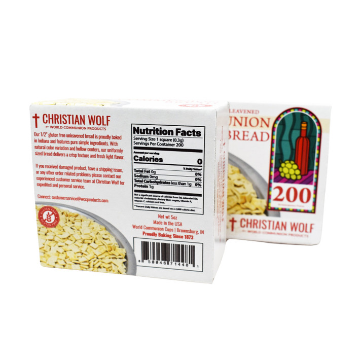 Back of Christian Wolf gluten-free 200 piece communion bread box showing product details