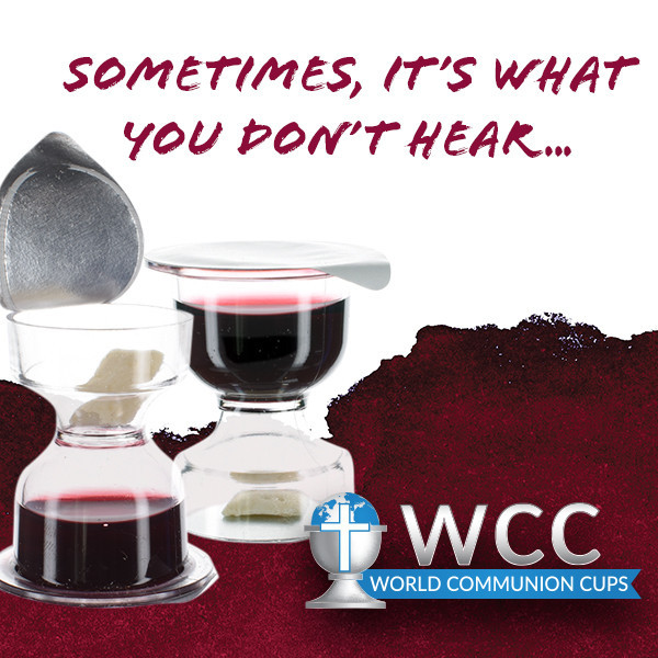 Promotional image of WCC Chalice Communion juice and wafer cups with branded background