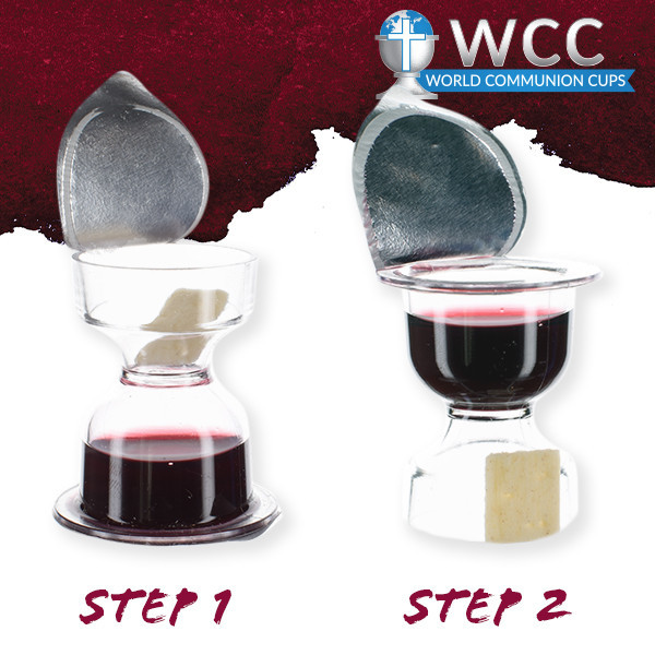 WCC Chalice Communion cup demonstrating easy-open dual seal step one and step two