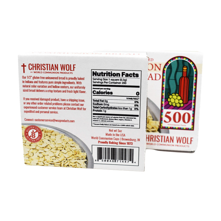 Back of Christian Wolf 500 gluten-free communion bread box showing product details