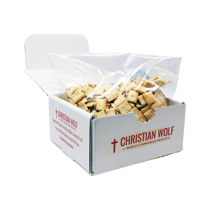 Open display box containing gluten-free Christian Wolf communion bread pieces