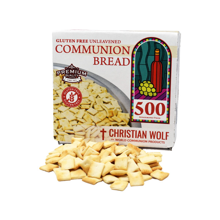 Close-up of Christian Wolf gluten-free communion bread packaging with stained glass design