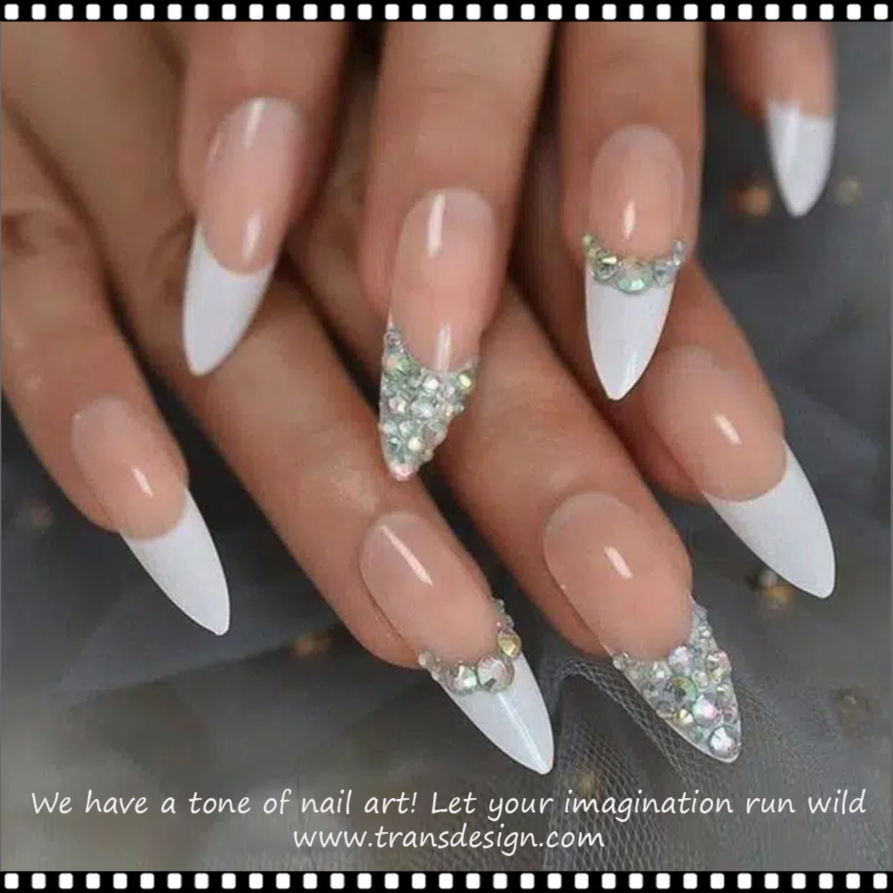 Aurora pigment and Swarovski crystals sculpted gel stiletto nails