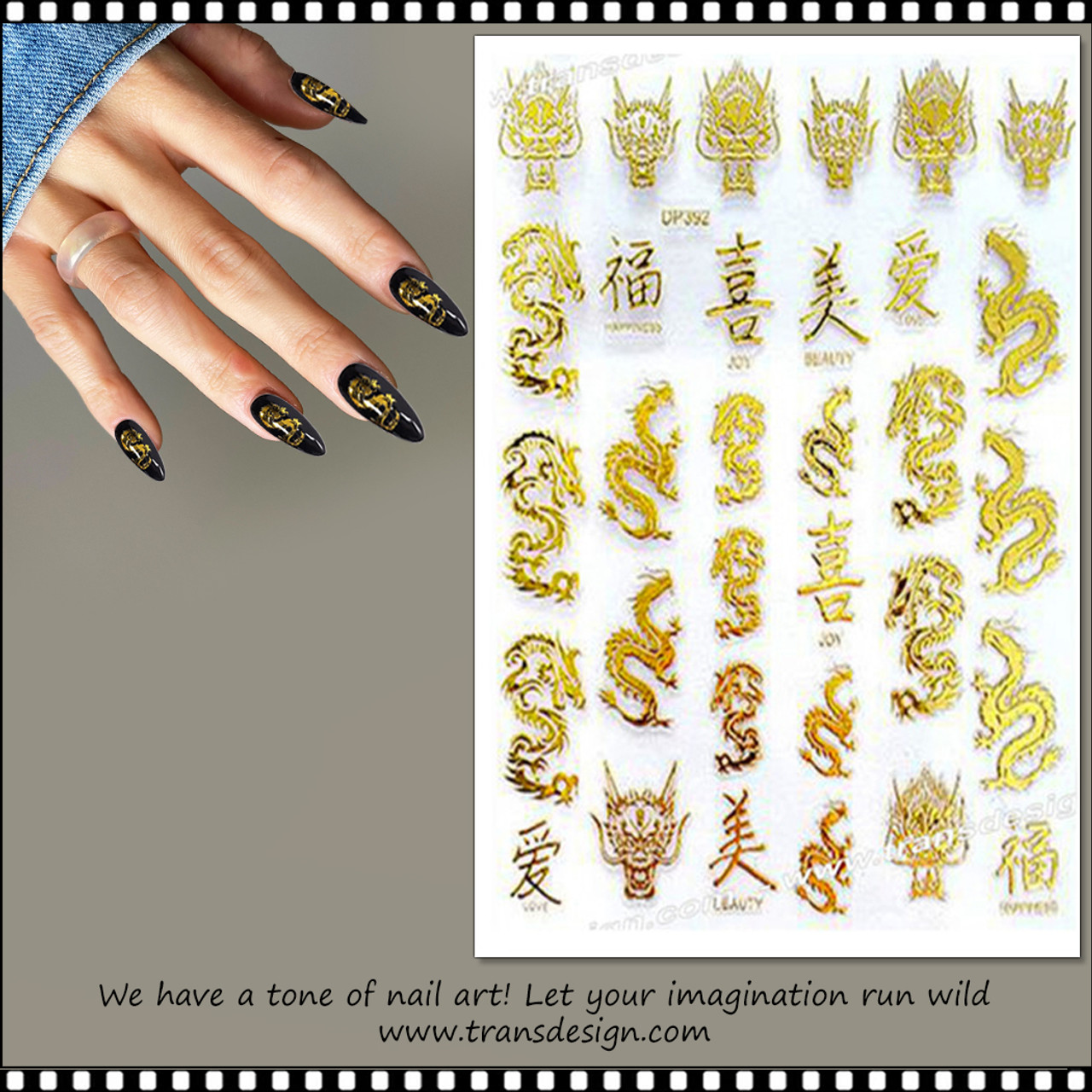 NAIL STICKER Animal, Gold Dragon & Chinese letters #DP392 - TDI, Inc