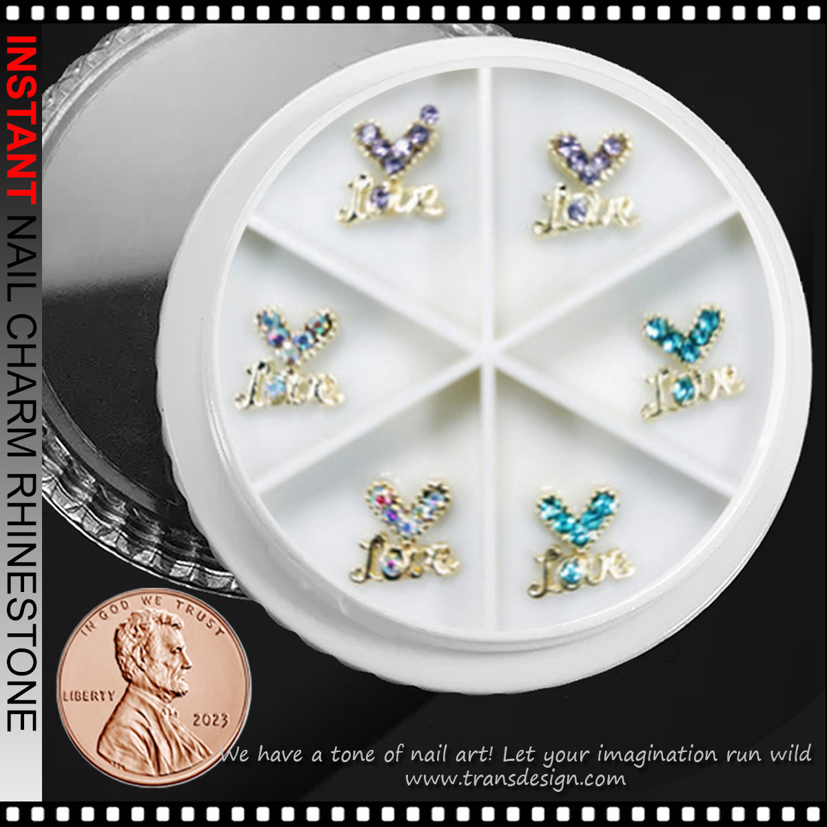 NAIL CHARM RHINESTONE Gold V LOVE Assorted Color 6/Case #1 - TDI, Inc