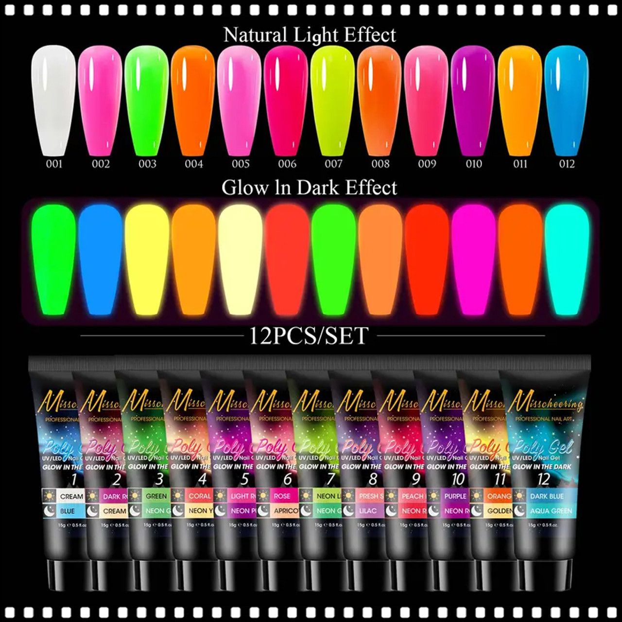 Mia Secret Acrylic Powder Glow in the Dark Collection 3D Nail Art 6 Colors  Set 