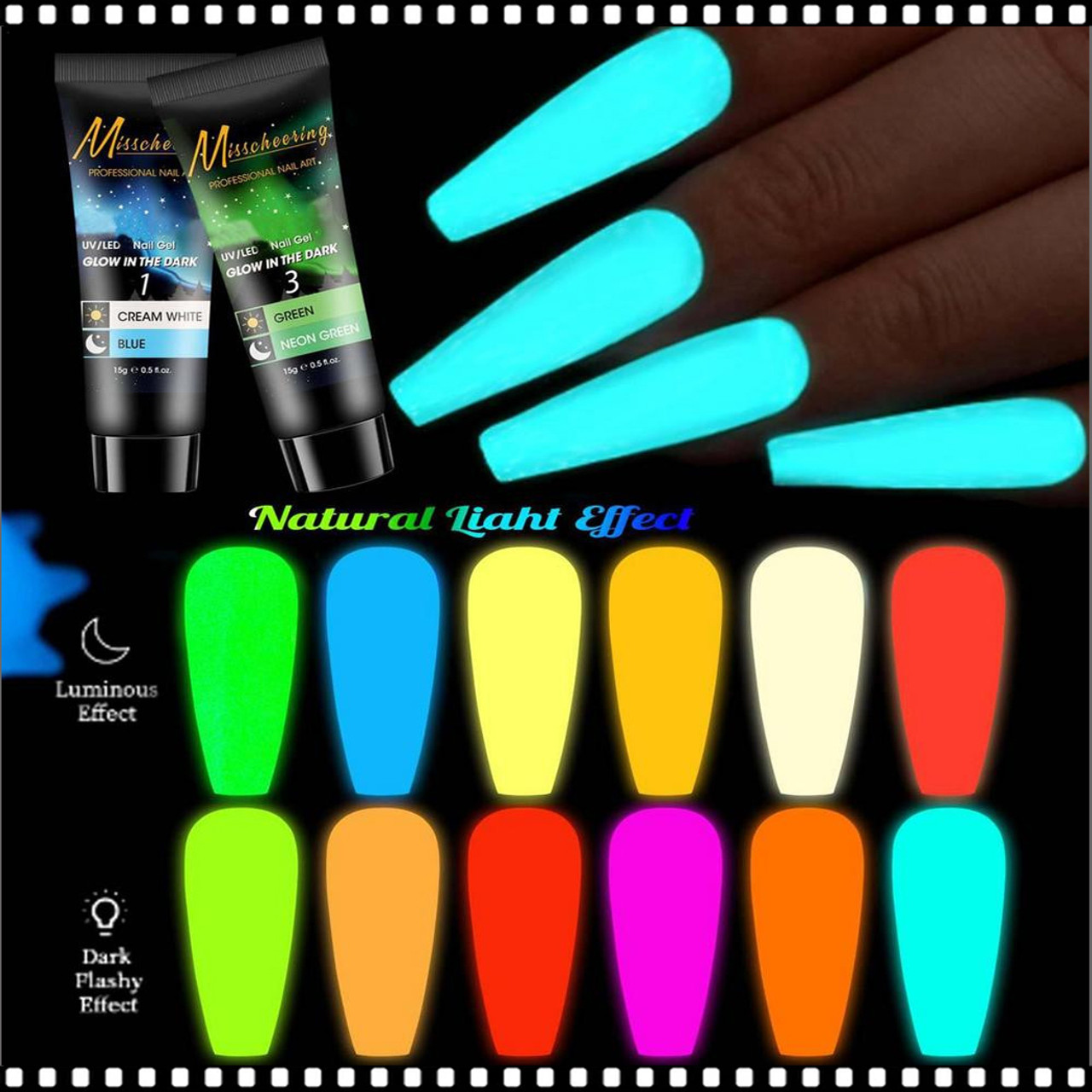 10ml Glow In The Dark Powder Extension Nails Accessories Fluorescent  Dipping Pigment Nail Art Glitter UV Luminous Acrylic Powder