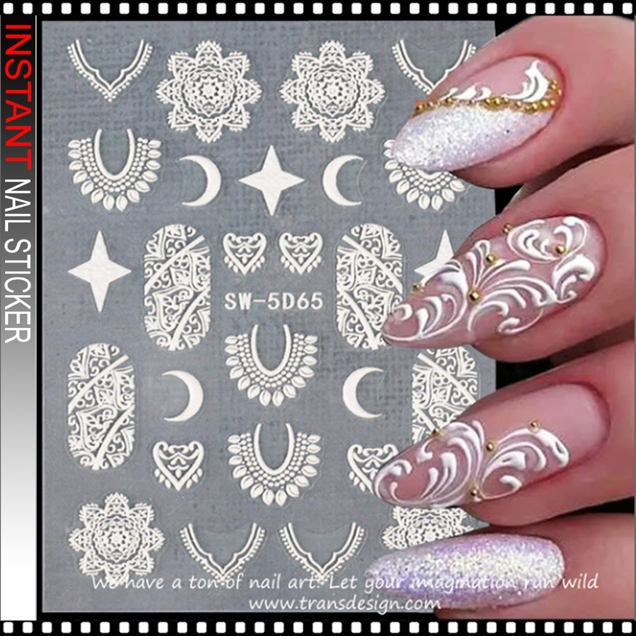 NAIL STICKER 3D Abstraction, Lace, Henna Art White #SW-5D65