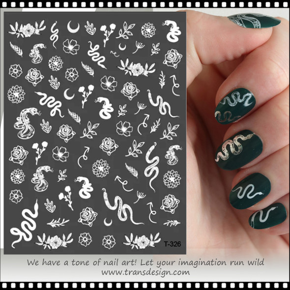 NAIL STICKER Animal, White Snakes & Flowers #T-326