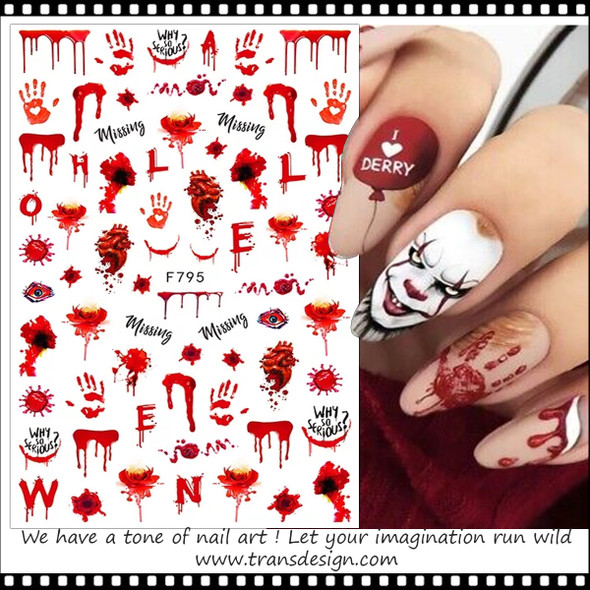 NAIL STICKER Halloween, Bloody Hand & Blood Splatter #F795