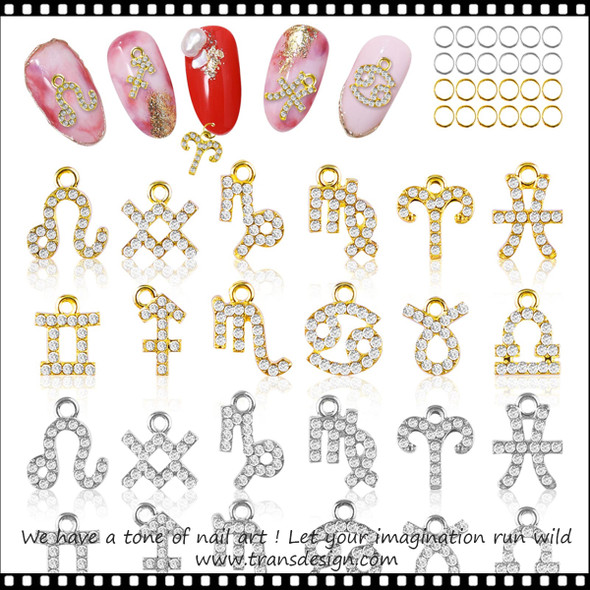 NAIL CHARM RHINESTONE Gold Zodiac Signs, 12 Constellation Symbol 12/Case