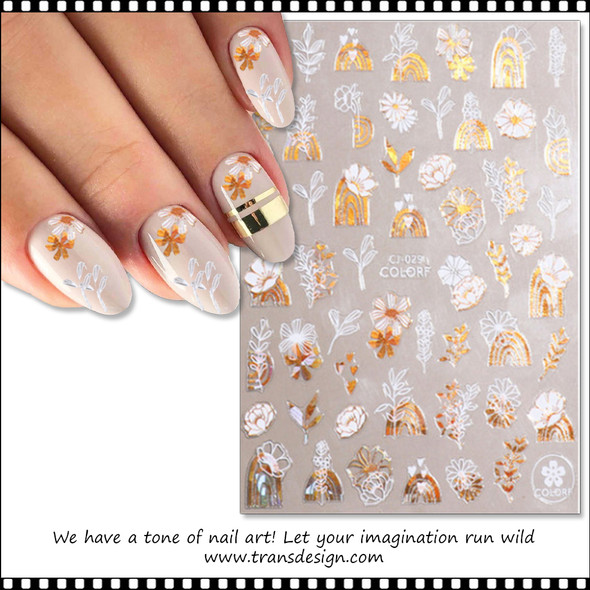 NAIL STICKER Flower, Gold & White #CJ-029