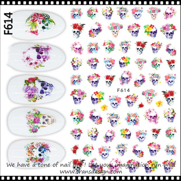 NAIL STICKER Halloween, Colorful Skull and Floral Crown #F614
