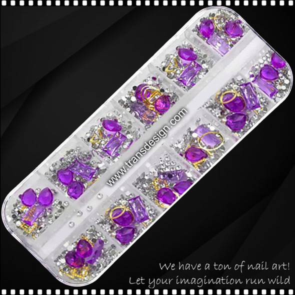 NAIL CHARM RHINESTONE Assorted Lavender & Clear/Case 