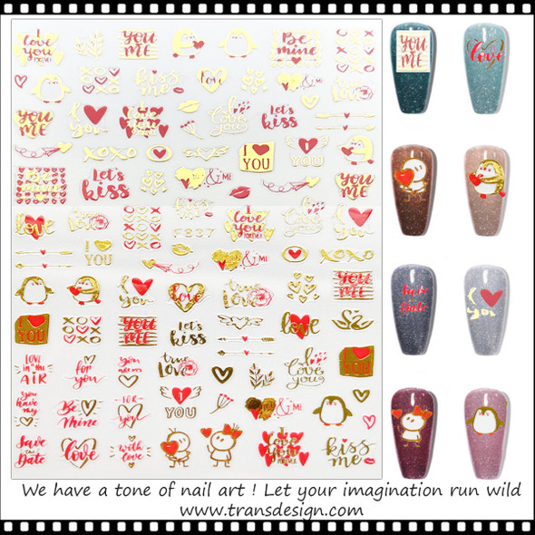 NAIL STICKER Love Valentine's Day, Gold & Red #F837