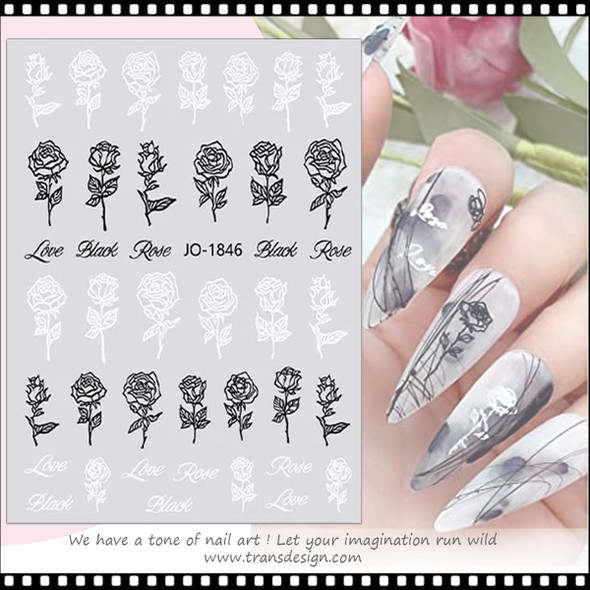 NAIL STICKER Flower, Black & White Rose Line Art #JO-1846
