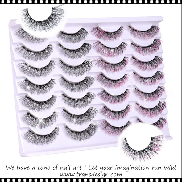 NEWCALLY Glitter Color Cat Eye Lashes Pink & Silver Fluffy Eye Lashes 14 Pair/Pk *