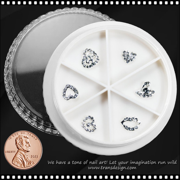 NAIL CHARM RHINESTONE Silver Hearts 6/Wheel