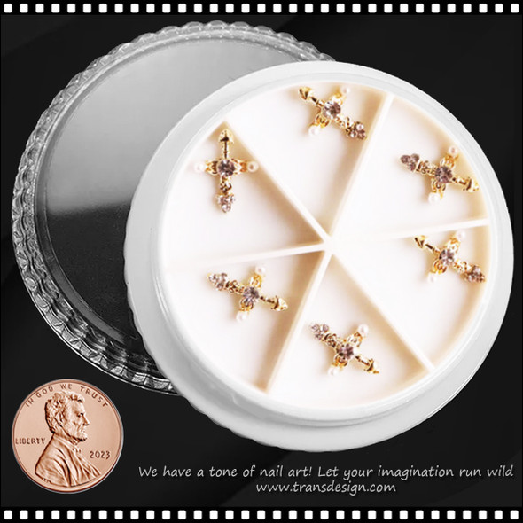 NAIL CHARM RHINESTONE & PEARL Gold Cross 6/Case