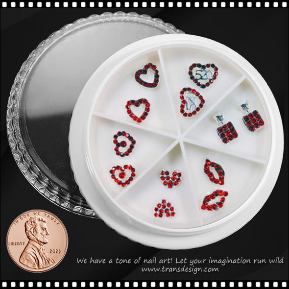 NAIL CHARM RHINESTONE Red Heart & Lip 12/Wheel.