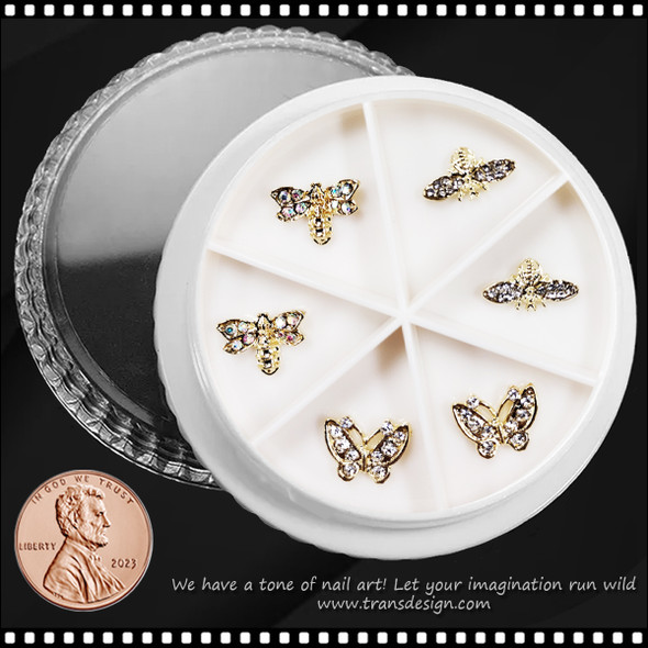 NAIL CHARM RHINESTONE Gold Butterfly 6/Case