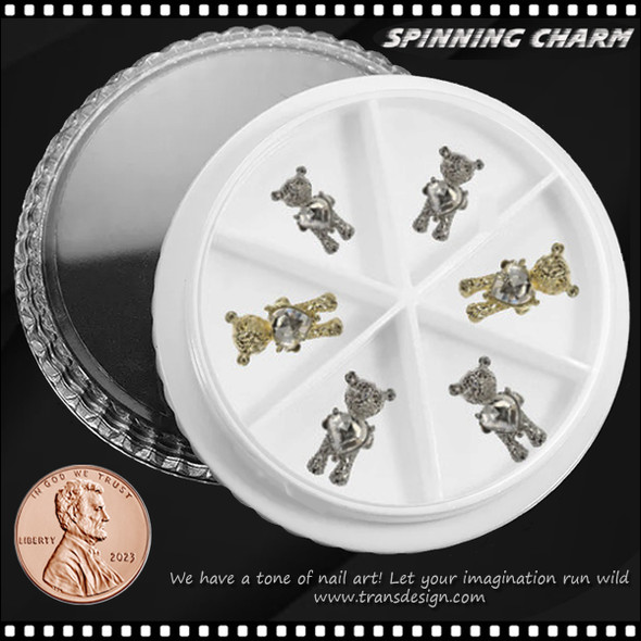 NAIL CHARM RHINESTONE Spinner Gold & Silver Bear 6/Wheel #2