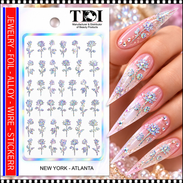 5D NAIL STICKER – HOLOGRAPHIC GLITTER ROSES & FLORAL DESIGN