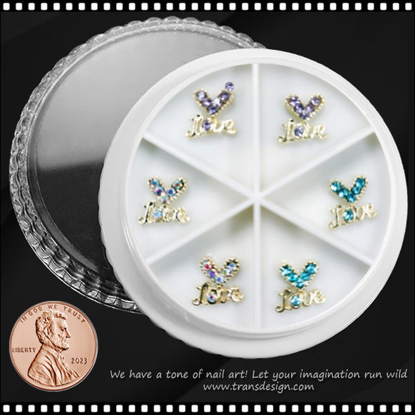 NAIL CHARM RHINESTONE Gold V LOVE Assorted Color 6/Wheel #1