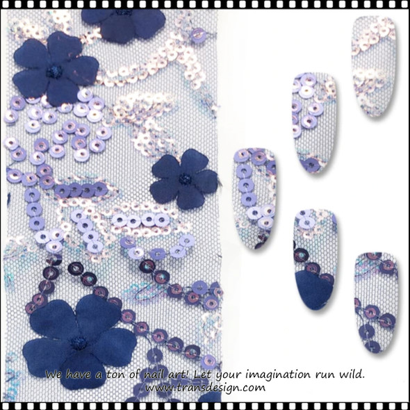 FABRIC NAIL ART – BLUE FLORAL SEQUIN EMBROIDERED LACE