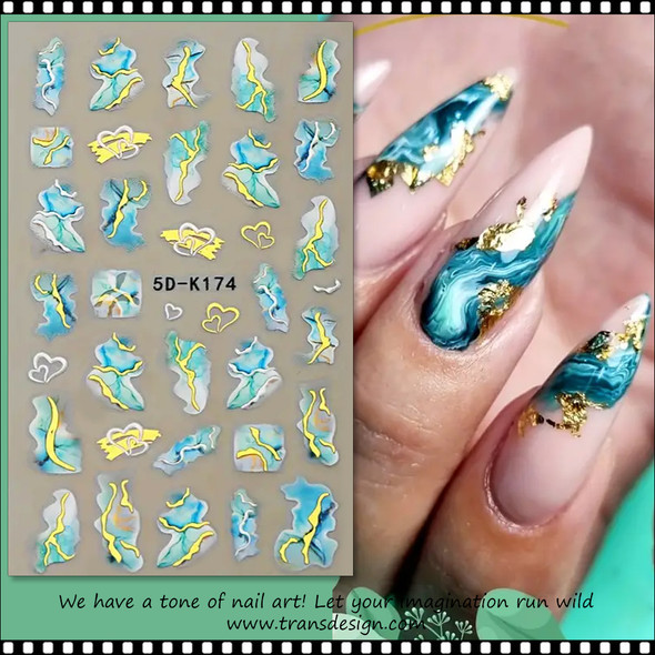 NAIL STICKER  3D Abstraction, Jade Marble with Gold Design#5D-K174