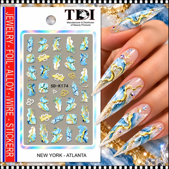 5D NAIL STICKER – ABSTRACT BLUE & WHITE MARBLE WITH GOLD STREAKS #5D-K174