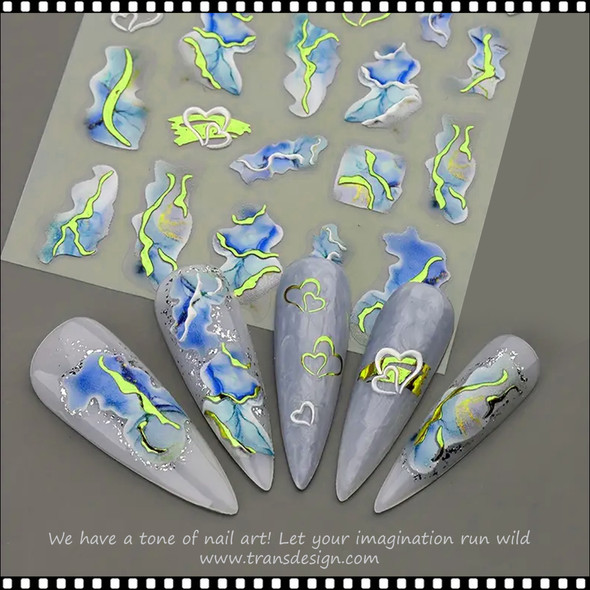 NAIL STICKER 3D Abstraction, Blue Marble with Gold Streak #5D-K175