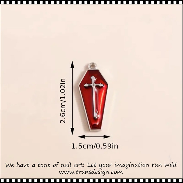 NAIL CHARM ALLOY Red Coffin with Cross 6/Pack